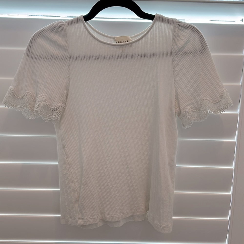 Sezane white pointelle Lace short Sleeve Top
